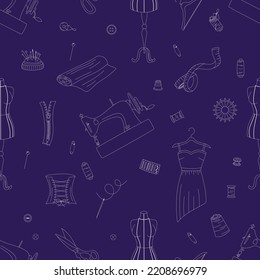 Seamless pattern with sewing elements. Sewing machines, dresses, buttons, scissors, needles, etc. Flat outline vector illustration.