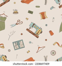 Seamless pattern with sewing elements. Sewing machines, dresses, buttons, scissors, needles, etc. Flat vector illustration.