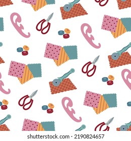 Seamless pattern with sewing elements. Scissors, buttons, roller knife, samples fabric. Hand drawn colored vector illustration isolated on white background. Modern flat cartoon style.