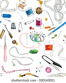 Seamless pattern with sewing & embroidery tools. Background with sewing tools and colored tape. Scissors, bobbins with thread and needles. Hand drawn vector illustration