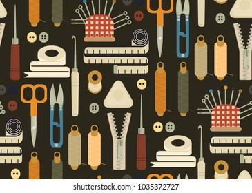 Seamless pattern of Sewing equipment, dressmaking and needlework accessories . Icons set with needle, tape measure, zipper, scissors, buttons, needles, threads, awl, hooks. Fashion industry clothing.