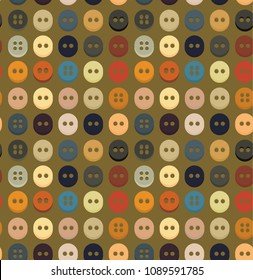 Seamless pattern of Sewing equipment, dressmaking and needlework accessories icons set with buttons.  Sewing accessories. Vector flat color art. Fashion industry, clothing, sewing, clothing design.