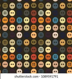 Seamless pattern of Sewing equipment, dressmaking and needlework accessories icons set with buttons.  Sewing accessories. Vector flat color art. Fashion industry, clothing, sewing, clothing design.