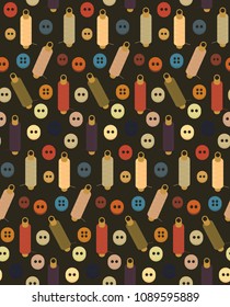 Seamless pattern of Sewing equipment, dressmaking and needlework accessories icons set with coils of threads and buttons  Vector. Sewing accessories pattern. Fashion industry, clothing, sewing. Vector