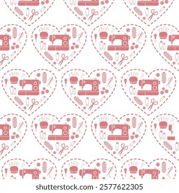 Seamless pattern with sewing equipment and stitched hearts.