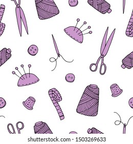 Seamless pattern with sewing items. Сolorized outline drawing of measuring tape, thread, needle, bobbin, scissors, thimble, button, pincushion. Vector illustration perfect for wallpaper, poster