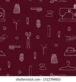 Seamless pattern with sewing items. White outline drawing of sewing machine, needle, bobbins, scissors, iron, hanger on vinous background. Vector illustration perfect for wallpaper, fabric textile