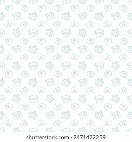 Seamless pattern with a sewing machine, bag and speech bubble. Doodle vector outline illustration.