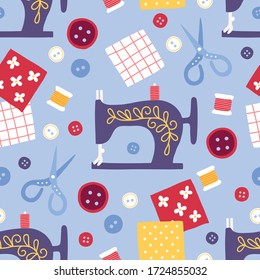 Seamless pattern with sewing machine, button, scissors, fabric pieces, thread on light blue background. Perfect for handmade work, wallpaper, gift paper, textile, texture. Vector illustration