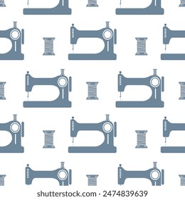 Seamless pattern, sewing machines and sewing spools of thread on a white background. Print, textile, vector