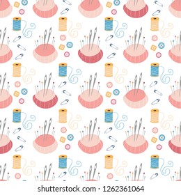 Seamless pattern of sewing supplies including pin cushion, straight pins, sewing needles, threads, safety pins, and a set of buttons. Great for textile print, invitations, or packaging. Vector file.