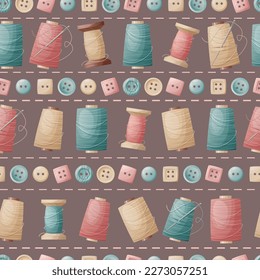 Seamless pattern with sewing threads and buttons. Sewing atelier, needlework, hobby. Suitable for fabric, wallpaper, decor, clothes, wallpaper.