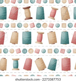 Seamless pattern with sewing threads and buttons. Sewing atelier, needlework, hobby. Suitable for fabric, wallpaper, decor, clothes, wallpaper.