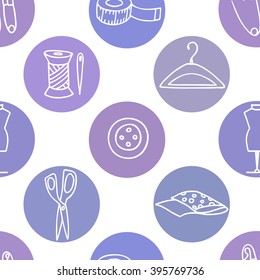 Seamless pattern with sewing tools in color circles.