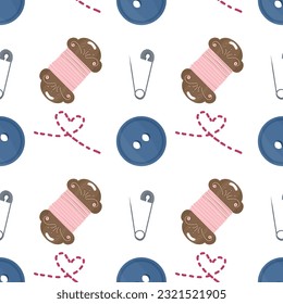 Seamless pattern with sewing tools elements, cartoon style. Wrap, fabric vector