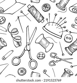 Seamless pattern with sewing tools. Hand drawn illustration converted to vector.