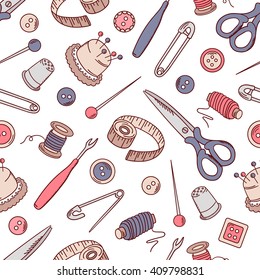 Seamless pattern with sewing tools, hand drawn icons. Colorful background vector. Fashion illustration with sketch objects set, profession clothier. Decorative wallpaper, good for printing