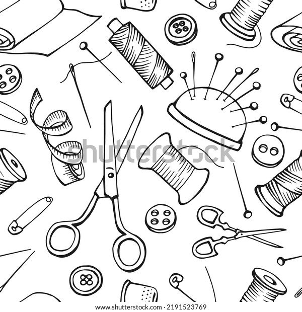 Seamless pattern with sewing tools. Hand drawn\
illustration converted to\
vector.
