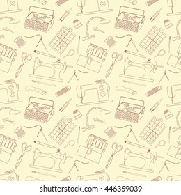Seamless pattern of sewing tools icons. Sewing machines, overlock machine, sewing implements and accessories. Background for use in design, web site, packing, textile, fabric. Vector illustration.