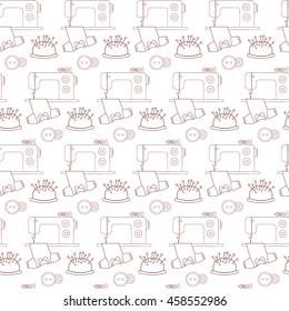 Seamless pattern of sewing tools icons. The brown line on a white. The sewing machine and tailor accessories. Background for use in design, web site, packing, textile. Vector illustration.