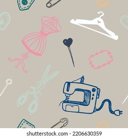 Seamless pattern with sewing tools linear icons scattered on white background. Outline seamstress supplies for tailoring and needlework. Handmade kids clothes wrapping paper design.
