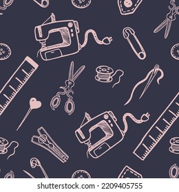 Seamless pattern with sewing tools linear icons scattered on white background. Outline seamstress supplies for tailoring and needlework. Handmade kids clothes wrapping paper design.