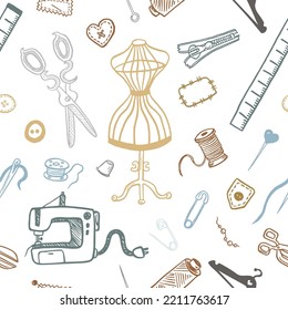 Seamless pattern with sewing tools linear icons scattered on white background. Outline seamstress supplies for tailoring and needlework. Handmade kids clothes wrapping paper design.