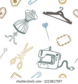 Seamless pattern with sewing tools linear icons scattered on white background. Outline seamstress supplies for tailoring and needlework. Handmade kids clothes wrapping paper design.