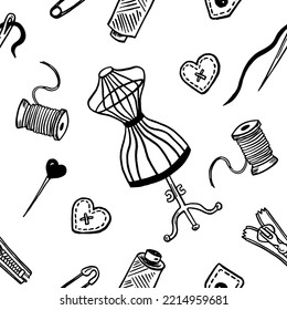 Seamless pattern with sewing tools linear icons scattered on white background. Outline seamstress supplies for tailoring and needlework. Handmade kids clothes wrapping paper design.