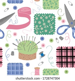 Seamless pattern. Sewing tools. Needles, scissors, thread, awl, buttons, coils, magnifying glass, needle holder, tape, etc. Vector set of isolated hand drawn sketches. Cartoon style, flat design.
