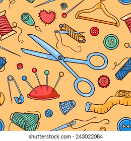 Seamless pattern with sewing tools. Vector cartoon background.