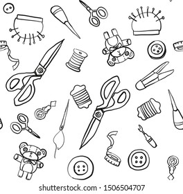 seamless pattern of Sewing vector illustration sketch black and white