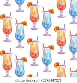 Seamless pattern of Sex on the beach, Blue lagoon classic cocktails. Italian aperitif cocktail. Alcoholic beverage for drinks bar menu. Beach Holidays, summer vacation, party, cafe bar, recreation. 