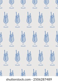 Seamless pattern of sex on the beach cocktail with orange, maraschino cherry, and straw. Line art, retro. Vector illustration for bars, cafes, and restaurants.