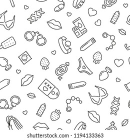 Seamless pattern with sex shop. Black and white thin line icons