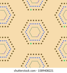 Seamless pattern with sexangles six-sided shapes of dotted lines. Folksy ethnic theme texture. Gold, yellow, colored background. Vector. 8 EPS