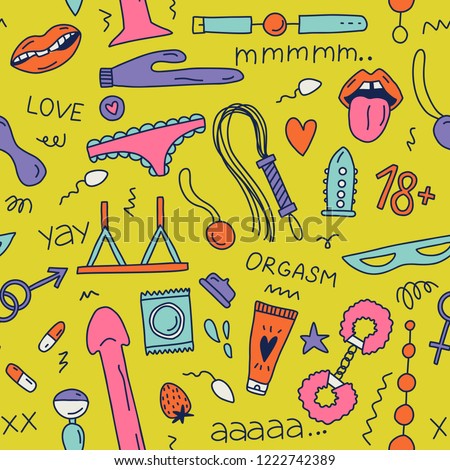 Seamless pattern with sextoys element for sex shop. 
Vector clipart set.