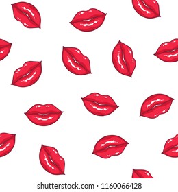 Seamless pattern with sexy female lips on white background. Backdrop with sexy smiling mouths. Texture with symbols of passion. Bright colored vector illustration for fabric print, wrapping paper.