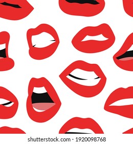 Patrón sin foco con Labios Sexy Femeninos con Lipstick Red Matt. Vector De Estilo Plano Ilustración De La Mujer Fondo De Boca. Colección de gestos que expresan diferentes emociones