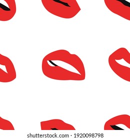 Nahtloses Muster mit Sexy Female Lippen mit Matt Red Lipstick. Illustration im Flachstil Vektorgrafik Frauenmund Hintergrund. Sammlung von Gesten mit verschiedenen Emotionen