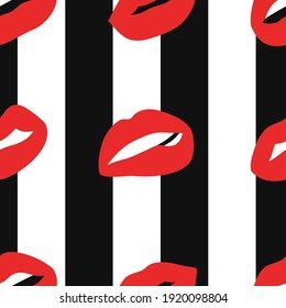 Seamless pattern with Sexy Female Lips with Matt Red Lipstick. Flat Style Vector Fashion Illustration Woman Mouth Background. Gestures Collection Expressing Different Emotions