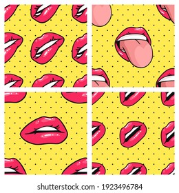 Seamless Pattern with Sexy Female Lips with Gloss Pink Lipstick. Pop Art Style Vector Fashion Illustration Woman Mouth. Gestures Collection Expressing Different Emotions