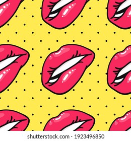 Seamless Pattern with Sexy Female Lips with Gloss Pink Lipstick. Pop Art Style Vector Fashion Illustration Woman Mouth. Gestures Collection Expressing Different Emotions