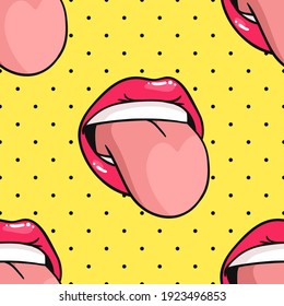 Patrón sin foco con labios sexuales femeninos con pintalabios rosa brillante. Boca de la Mujer de la Ilustración del Vector de Estilo Pop Art. Colección de gestos que expresan diferentes emociones