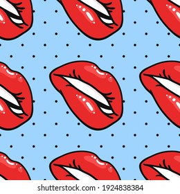 Nahtloses Muster mit sexy Frauenlippen mit glänzendem rotem Lipstick. Pop Art Stil Vektorgrafik Illustration Frauenmund. Sammlung von Gesten mit verschiedenen Emotionen