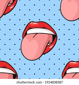Seamless Pattern with Sexy Female Lips with Gloss Red Lipstick. Pop Art Style Vector Fashion Illustration Woman Mouth. Gestures Collection Expressing Different Emotions