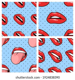 Seamless Pattern with Sexy Female Lips with Gloss Red Lipstick. Pop Art Style Vector Fashion Illustration Woman Mouth. Gestures Collection Expressing Different Emotions