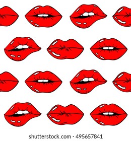 Seamless pattern of sexy glamour cartoon female lips with red lipstick on a white background. Beauty and fashion concept.