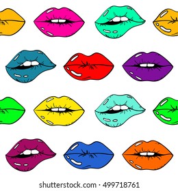 Seamless pattern of sexy glamour cartoon female lips with colorful lipstick on a white background. Beauty and fashion concept.
