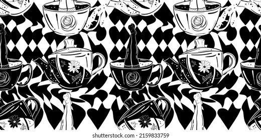 Seamless pattern with sexy legs and teapot. Pinup vibes.